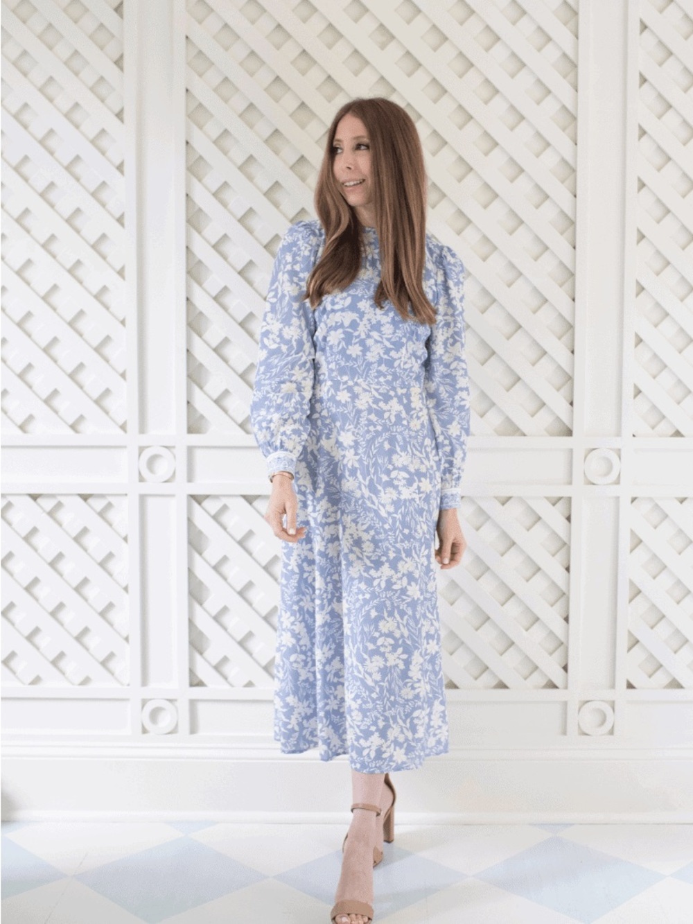 ANTONIO MELANI - born on fifth/ Blue and White Floral Long Sleeve Midi Dress - Picture 5 of 9